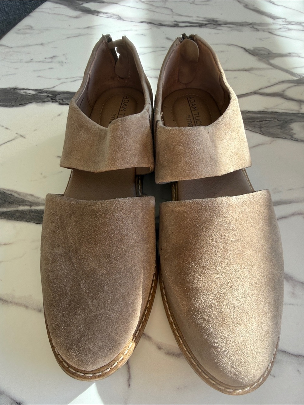 Adam Tucker Taupe Suede Cutout Mules